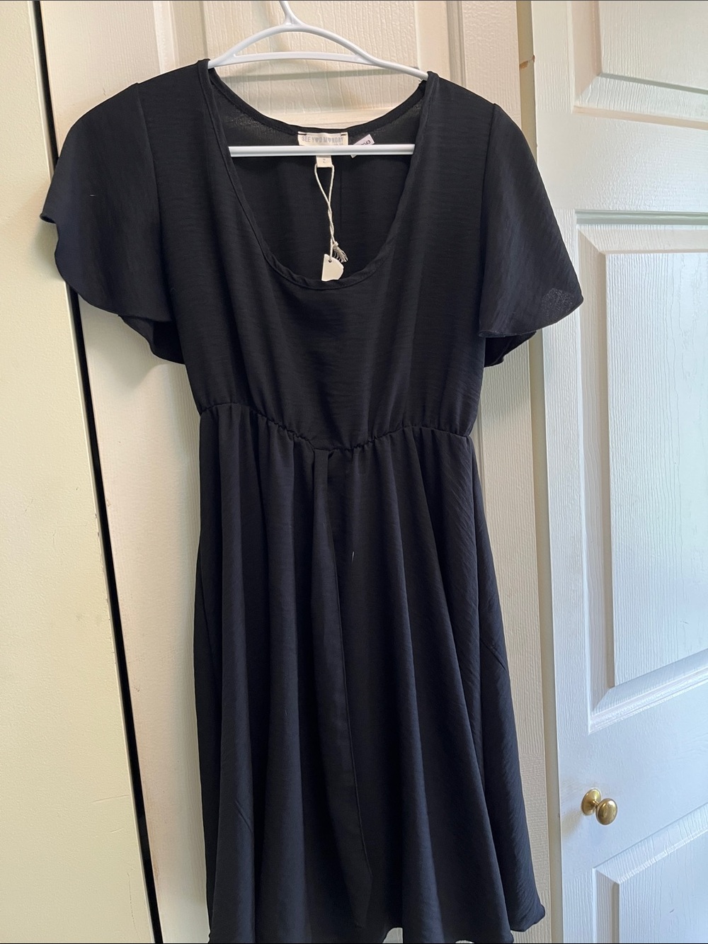 See You Monday Black Scoop Neck Flutter Sleeve Dress